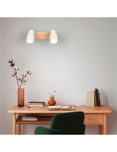 Regleta de 2 focos de techo orientables PIERRE detalle madera y bombilla excl. 2x GU10 max. 10W IP20 Blanco