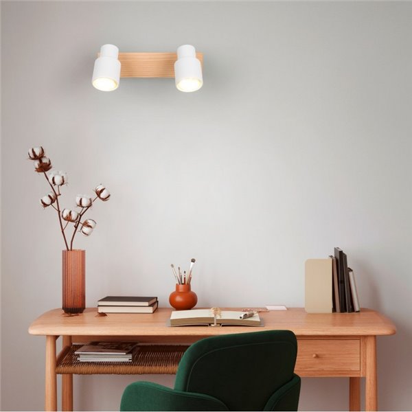 Barrette de 2 spots de plafond orientables PIERRE avec détail bois et ampoule excl. 2x GU10 max. 10W IP20 Blanc