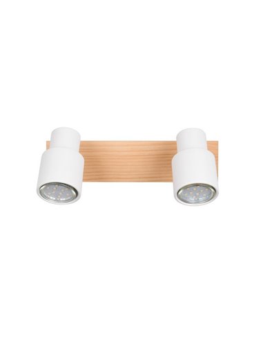Barrette de 2 spots de plafond orientables PIERRE avec détail bois et ampoule excl. 2x GU10 max. 10W IP20 Blanc