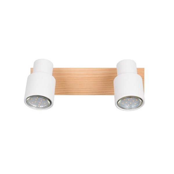 Barrette de 2 spots de plafond orientables PIERRE avec détail bois et ampoule excl. 2x GU10 max. 10W IP20 Blanc