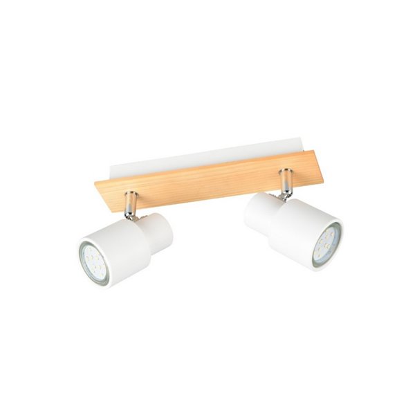 Barrette de 2 spots de plafond orientables PIERRE avec détail bois et ampoule excl. 2x GU10 max. 10W IP20 Blanc