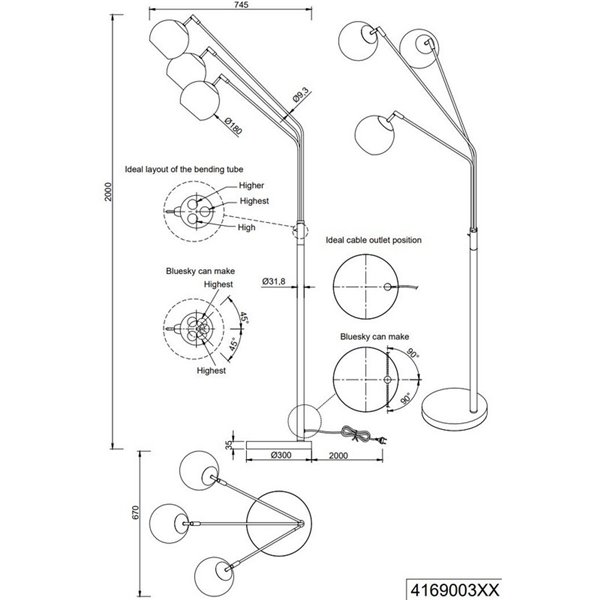 Lámpara de pie con 3 pantallas vidrio iridiscente PAXTON interruptor integrado ↕200cm bombilla excl. 3x E27 max. 10W IP20