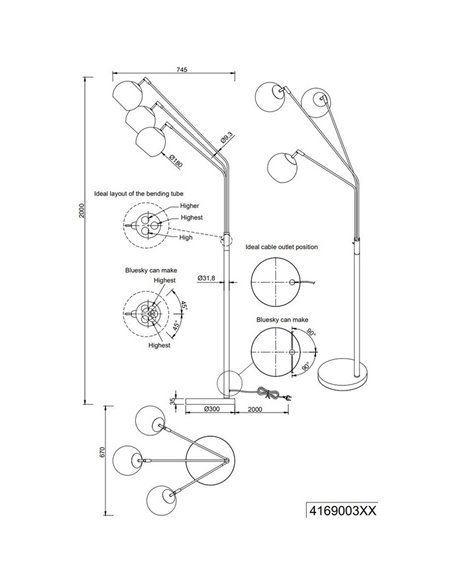 Lampadaire avec 3 abat-jours en verre PAXTON interrupteur intégré ↕200cm ampoule hors TVA. 3x E27 max. 10 W IP20