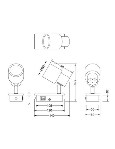 Spot mural ou plafonnier PIERRE avec interrupteur intégré ampoule excl. 1x GU10 max. 10W IP20 Noir et bois