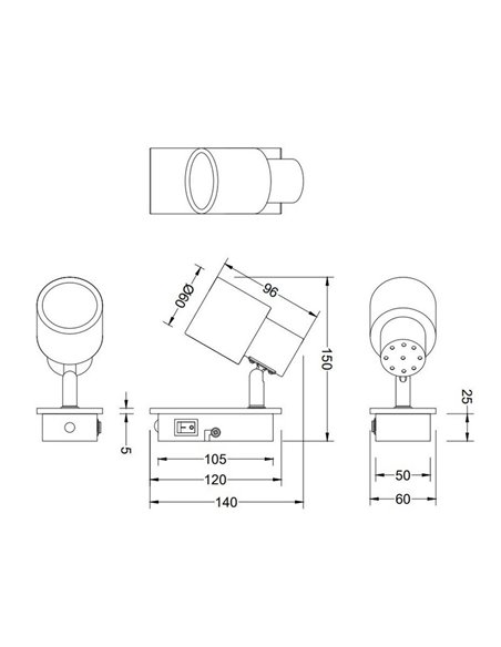 Spot mural ou plafonnier PIERRE avec interrupteur intégré ampoule excl. 1x GU10 max. 10W IP20 Noir et bois