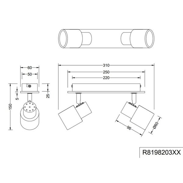 Barrette de 2 spots de plafond PIERRE orientables avec détail bois et ampoule excl. 2x GU10 max. 10W IP20 Noir