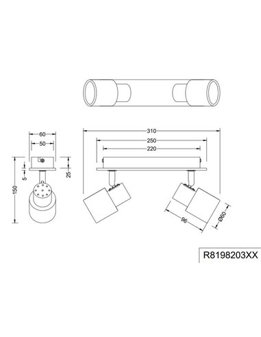 Regleta de 2 focos de techo orientables PIERRE detalle madera y bombilla excl. 2x GU10 max. 10W IP20 Blanco