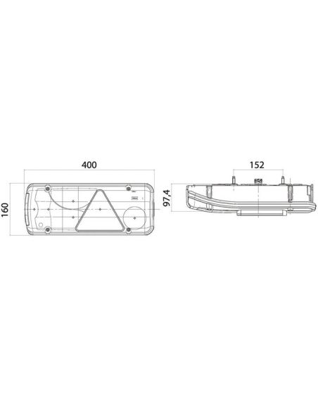 Dimensions du feu arrière LC8T avec triangle 12/24 V - Connecteur AMP 1.5 - 7 broches - ADR - Blue Moon - Gauche