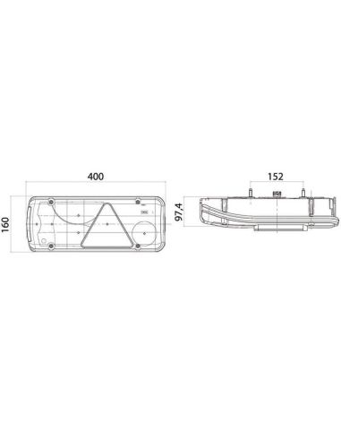 Dimensions du feu arrière LC8T avec éclairage de plaque d'immatriculation et triangle - 12/24 V - Connecteur AMP 1.5 - 7 broches