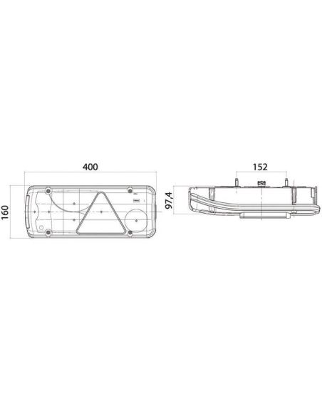 Dimensions du feu arrière LC8T avec éclairage de plaque d'immatriculation et triangle - 12/24 V - Connecteur AMP 1.5 - 7 broches