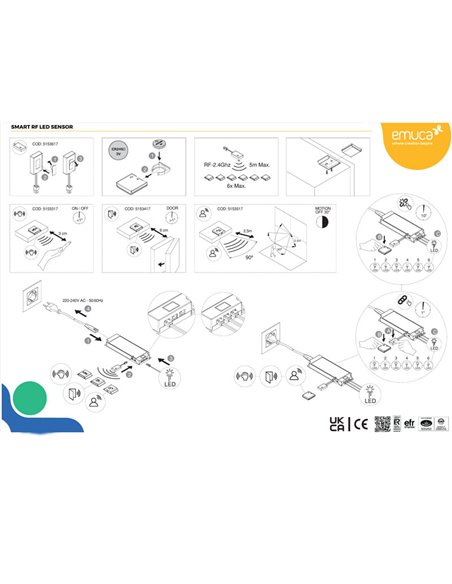 Detector de proximidade, transmissor RF com sensor de porta inteligente LED (proximidade) 12V/24V DC, plástico, preto