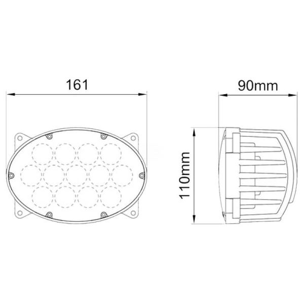 Medidas Foco de Trabajo LED 65W - 5200 lm - 10/30V - Wide Flood - 13 LEDs - H4 - Ovalado 161x110x90mm