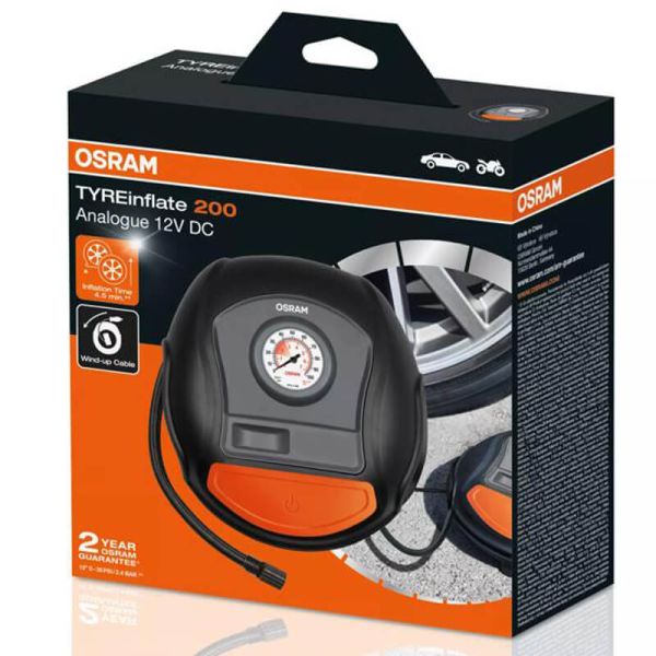 Caixa de enchimento de pneus OSRAM Tyreinflate 200 OTI200 - 12 V - Cabo rápido e enrolável e adaptadores OTI200