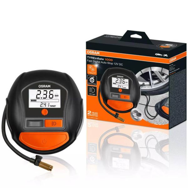 OSRAM TYREinflate 1000 Inflador de pneus digital - 12 V - Parada automática - 2 M