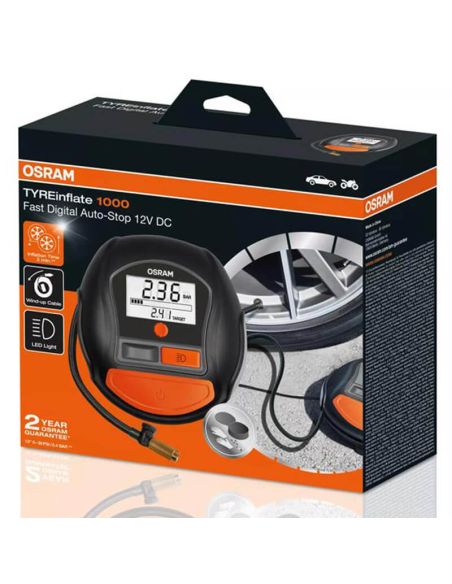 Caja Inflador Digital de Neumáticos OSRAM TYREinflate 1000 - 12V - Parada Automática - 2 M