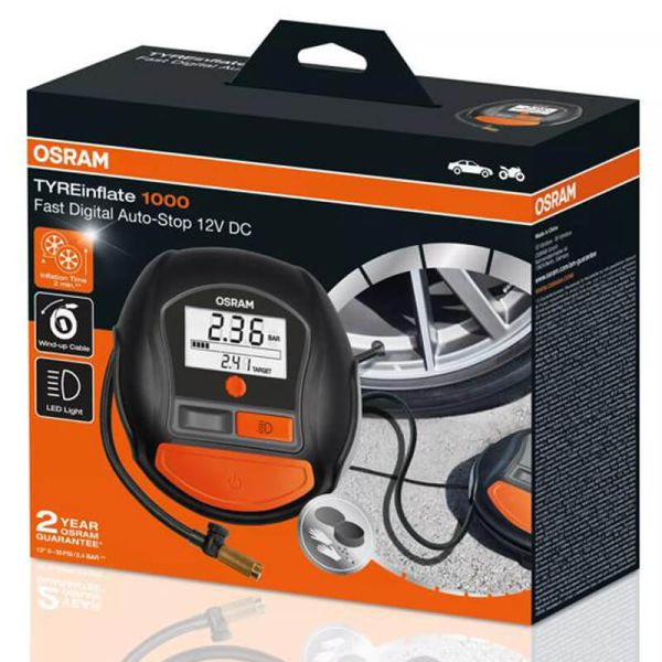 Caja Inflador Digital de Neumáticos OSRAM TYREinflate 1000 - 12V - Parada Automática - 2 M