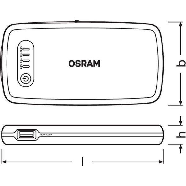 Medidas Arrancador de Batería OSRAM BATTERYstart 300 - 12V, 13000mAh, Powerbank USB