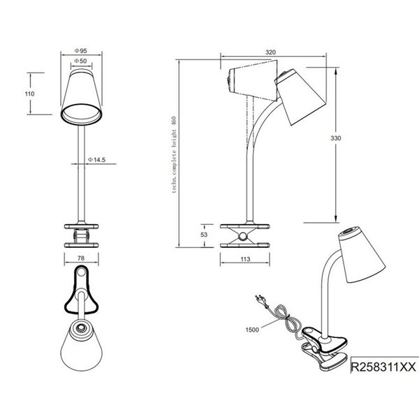 Lampe à pince LED PONGO, type col de cygne, avec interrupteur intégré, 4,5 W, 1 x 500 lm, 3 000 K, IP20, blanche