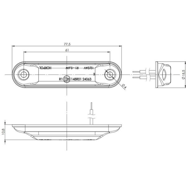 Medidas Luz de Gálibo SLIM GRAPHITE - LED IP68 - 12/24V - 4 Leds - Rojo, Ámbar y Blanco
