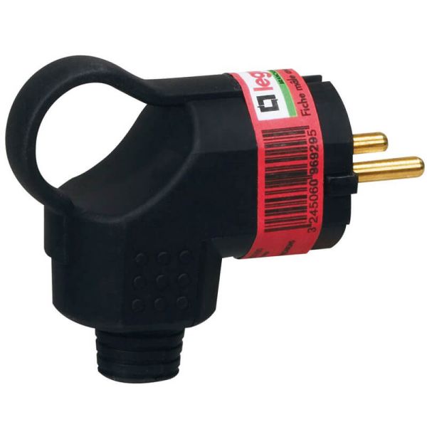 Fiche en caoutchouc 2P+T 16A avec anneau de traction – Sortie latérale – Noir 096929