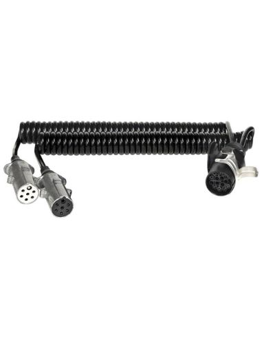 Cable espiral Adaptador 15P a 2x7P (24N+24S) – 24V – 4 a 4,5 m – IP69K – ADR – ISO 12098 D16136 | LeonLeds