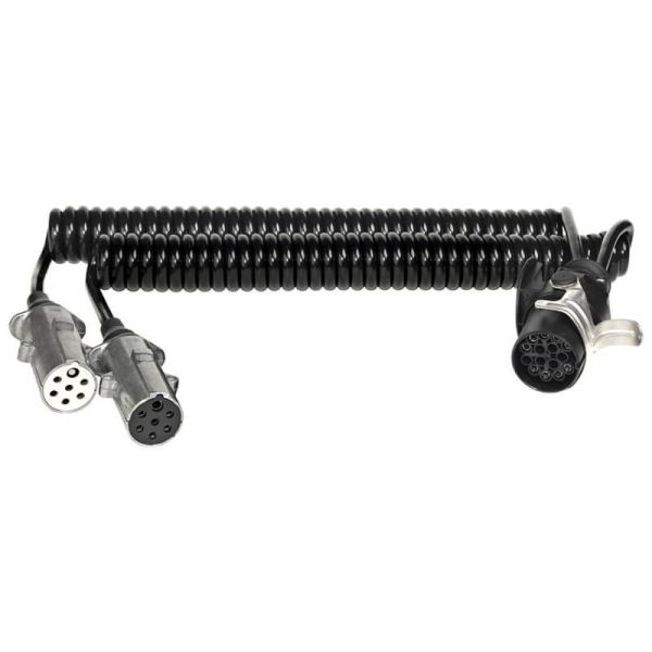 Cable espiral Adaptador 15P a 2x7P (24N+24S) – 24V – 4 a 4,5 m – IP69K – ADR – ISO 12098 D16136 | LeonLeds