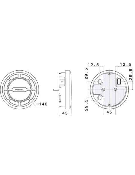 Dimensions du feu arrière rond à LED Vignal LCR19 – 24 V – Antibrouillard et marche arrière – IP69K – OEM Ferruz y Leciñena 2131