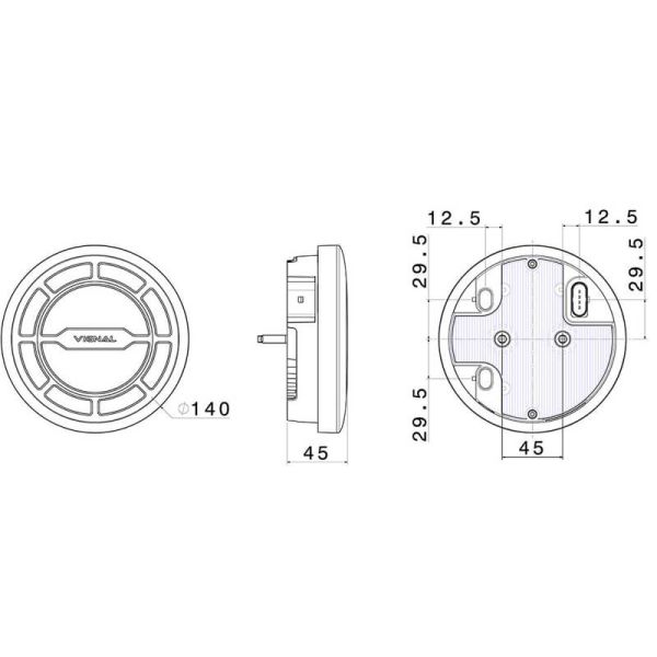 Medidas Piloto Trasero Redondo LED Vignal LCR19 – 24V – Antiniebla y Marcha Atrás – IP69K – OEM Ferruz y Leciñena 213150 Vignal