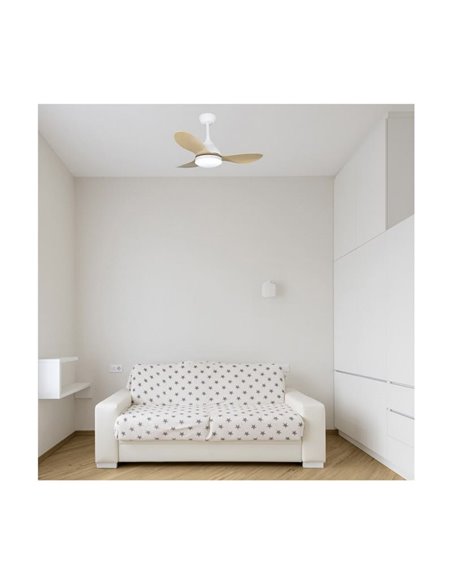 Ventilador STEL MINI LED branco com pás de madeira, 20W 1900Lm CCT Dim, Ø92cm