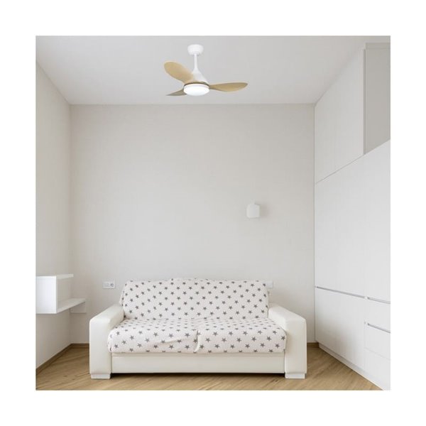 Ventilador LED STEL MINI blanco con palas madera, 20W 1900Lm CCT Dim, Ø92cm