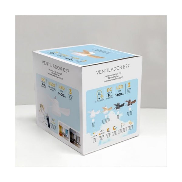 Ventilador con rosca E27 con luz LED BAYAD, blanco/haya 15W 1400Lm CCT Dim, Ø36cm