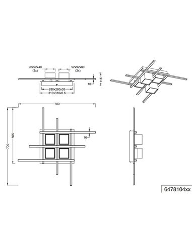 Luminária de teto LED quadrada ROGER com função de memória, regulável, 35 W, 4050 lm, 2700 - 6500 K, IP20