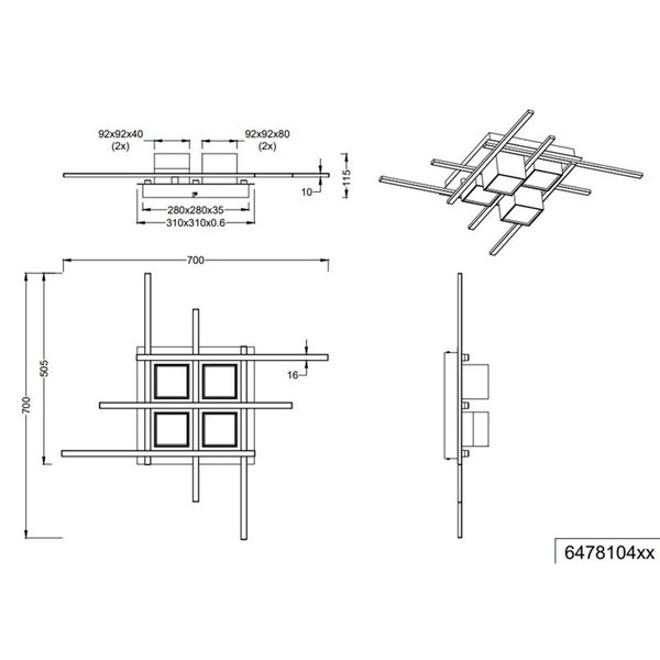 Plafonnier LED carré ROGER avec fonction mémoire, dimmable, 35W, 4050lm, 2700 - 6500K, IP20