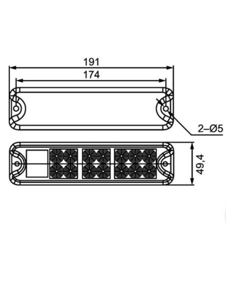 Dimensions Feu arrière LED HELLA 2VA 357 021-001 – 12/24 V – 4 fonctions – Montage extérieur – Lentille rouge/transparente