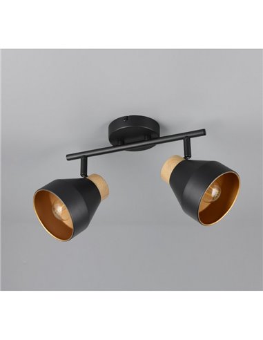 Regleta de 2 focos de techo orientables VALENTIN detalle acabado madera, bombilla excl. 2x E14 max. 10W IP20 Negro
