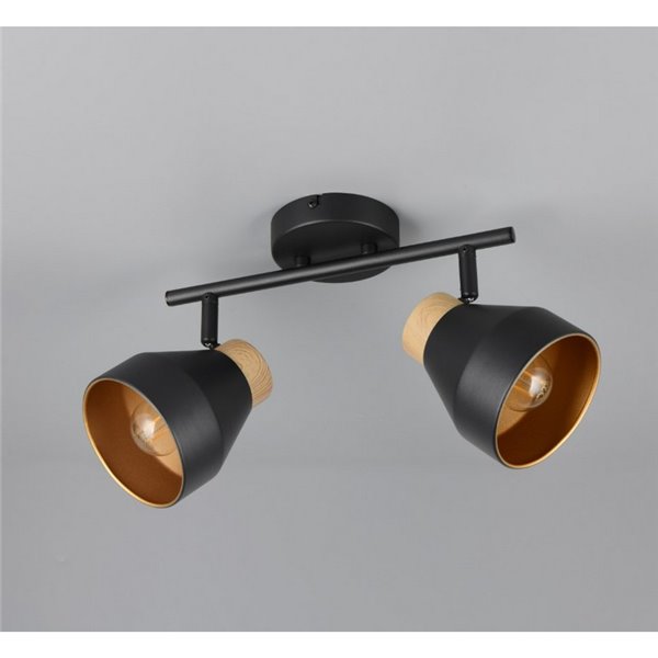 Regleta de 2 focos de techo orientables VALENTIN detalle acabado madera, bombilla excl. 2x E14 max. 10W IP20 Negro
