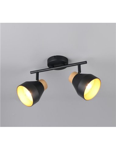 Regleta de 2 focos de techo orientables VALENTIN detalle acabado madera, bombilla excl. 2x E14 max. 10W IP20 Negro
