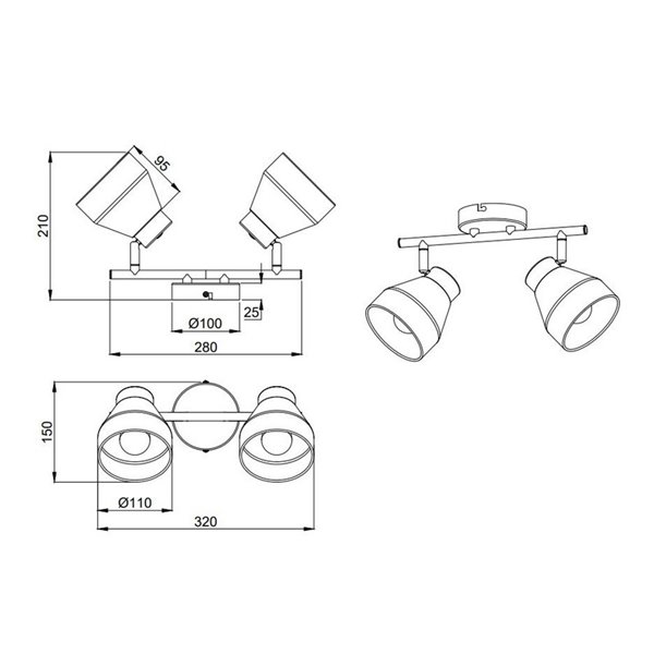 Regleta de 2 focos de techo VALENTIN orientables, bombilla excl. 2x E14 max. 10W IP20 Blanco