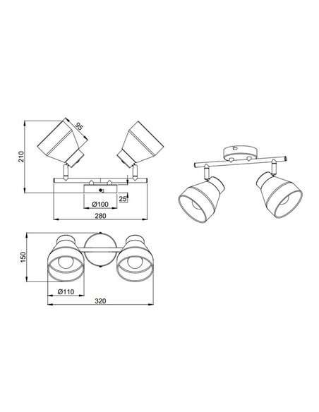Regleta de 2 focos de techo orientables VALENTIN detalle acabado madera, bombilla excl. 2x E14 max. 10W IP20 Negro