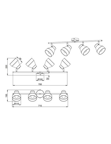 Regleta de 4 focos orientables para techo o pared VALENTIN bombilla excl. 4x E14 max. 10W IP20