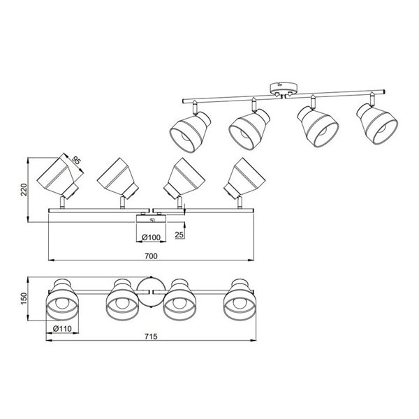 Faixa de luz ajustável de 4 lâmpadas para teto ou parede VALENTIN, lâmpada excl. 4x E14 máx. 10W IP20 Branco