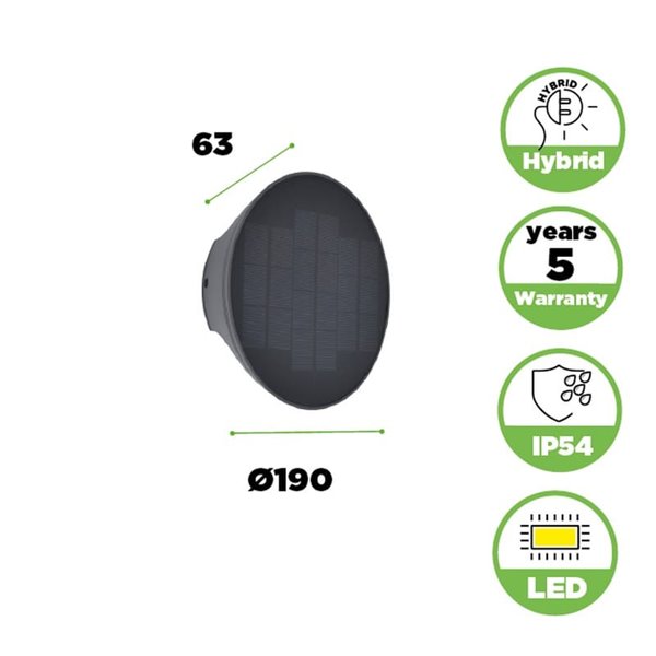 Aplique LED para exterior com painel solar frontal BELKA, com luz ascendente e descendente, 9W 280Lm, 3000K