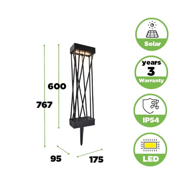Balise solaire LED SPIDO avec piquet de terre, design noir élégant, 10,5W, 900Lm, 3000K