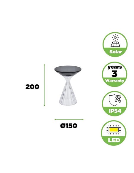 Luz LED portátil de mesa solar MIYI, diseño elegante en cristal con panel solar, 3,8W 300Lm, 3000K