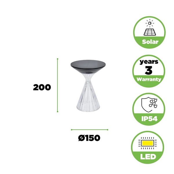 Luz LED portátil de mesa solar MIYI, diseño elegante en cristal con panel solar, 3,8W 300Lm, 3000K