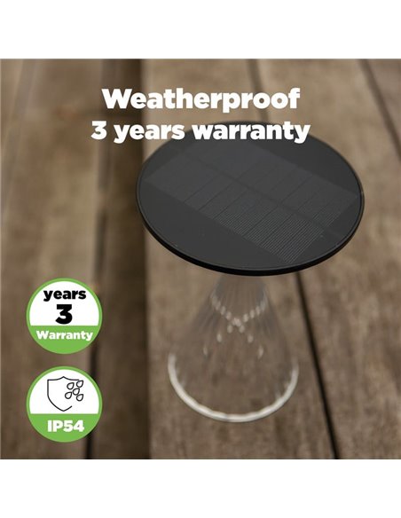 Luz LED portátil de mesa solar MIYI, diseño elegante en cristal con panel solar, 3,8W 300Lm, 3000K