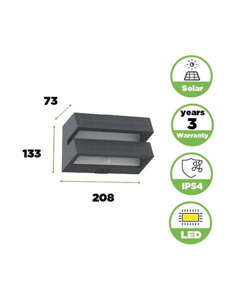 Aplique LED de pared doble con panel solar y sensor PIR, BARLO, 8,2W 950Lm, 4000K, gris oscuro