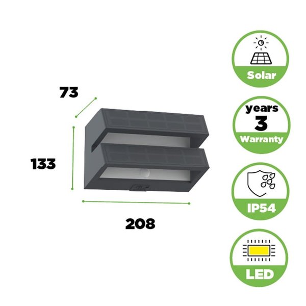 Aplique LED de pared doble con panel solar y sensor PIR, BARLO, 8,2W 950Lm, 4000K, gris oscuro