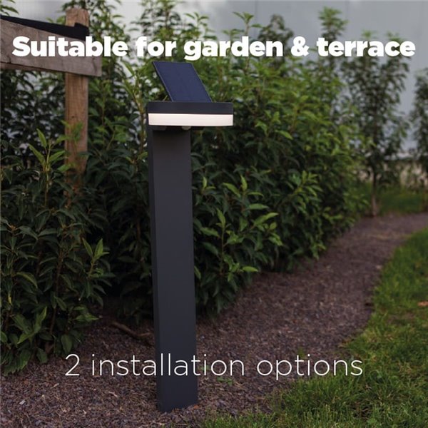 Baliza LED con panel solar ajustable y sensor PIR RUNDA, antracita, redondeo, 12W 1300Lm, 4000K