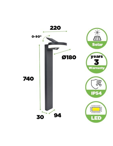 Baliza LED con panel solar ajustable y sensor PIR RUNDA, antracita, redondeo, 12W 1300Lm, 4000K